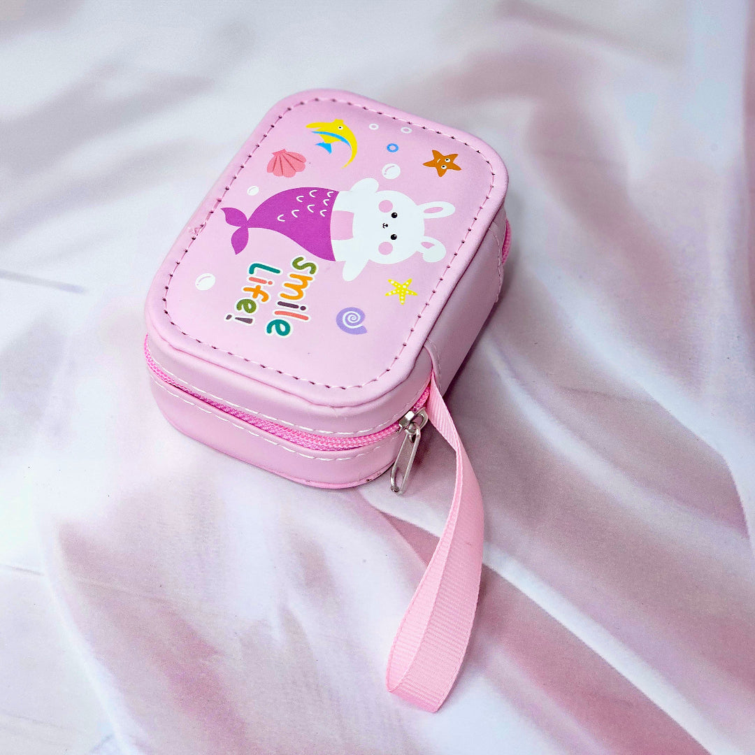 Assorted cute cartoon small storage coin pouches for kids in pink and purple with animal characters. www.usmile.toys